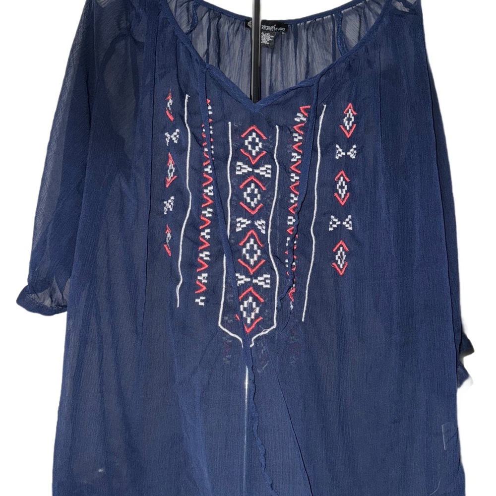 Signature Studio Sheer Navy Embroidered Top